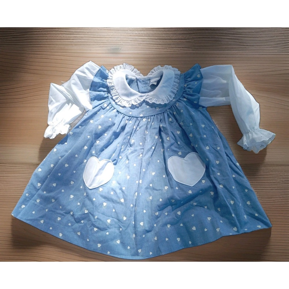 Vtg 80s Nannette 4T Blue Heart Baby Dress Smocked Eyelet Prairie Grandmacore USA